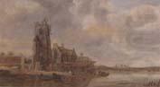 A river landscape with flgures unloading boats before a church, unknow artist